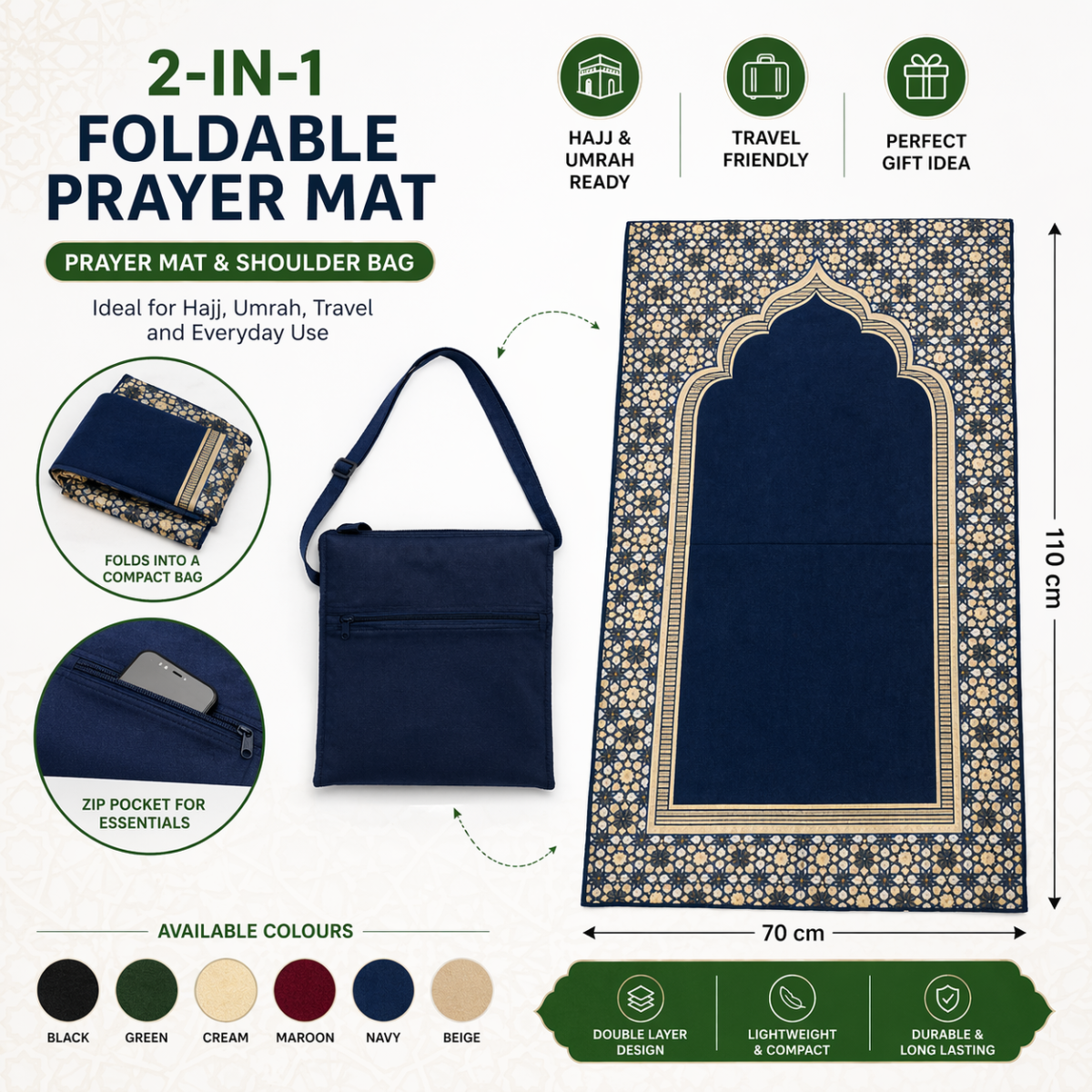Portable Foldable Prayer Mat with Shoulder Bag & Zip Pocket – Ideal for Hajj & Umrah (110 × 70 cm)