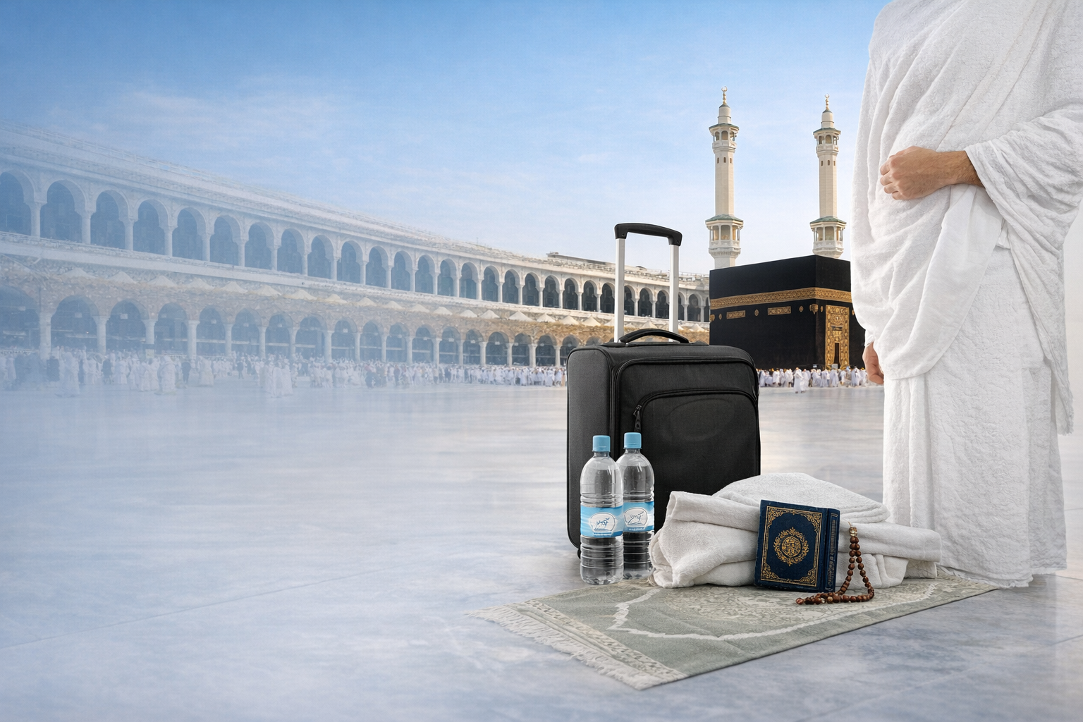 Hajj and Umrah essentials including ihram, prayer mat and travel items