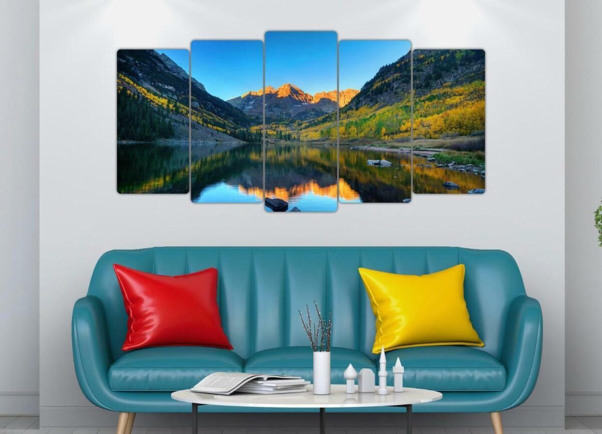 5 pcs very beautiful wood frame size 100 x 50cm Lake between mountain no holes no drilling RRP 50 pound - Image 1