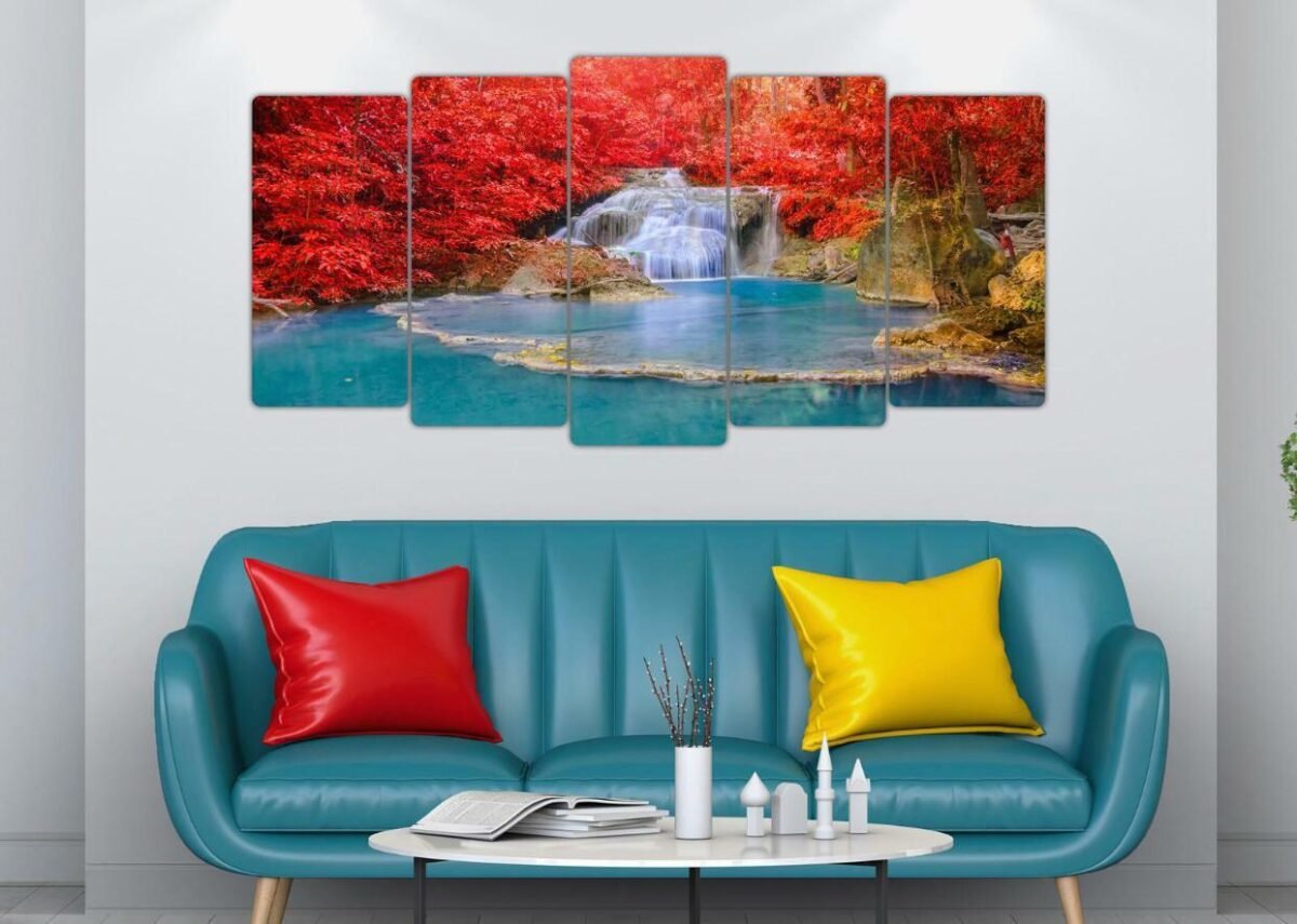 wp-image-3143527470.jpg 5 pcs very beautiful wood frame size 100 x 50cm Lake with red tree leaves no holes no drilling RRP 50 pound - Image 1