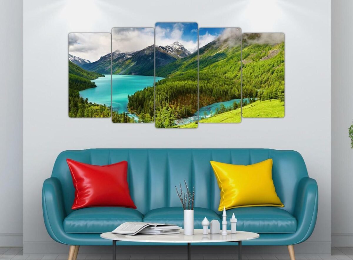5 pcs very beautiful wood frame size 100 x 50cm Lake between Green mountain no holes no drilling RRP 50 pound - Image 1
