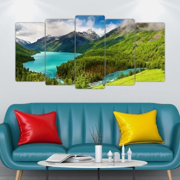 5 pcs very beautiful wood frame size 100 x 50cm Lake between Green mountain no holes no drilling RRP 50 pound