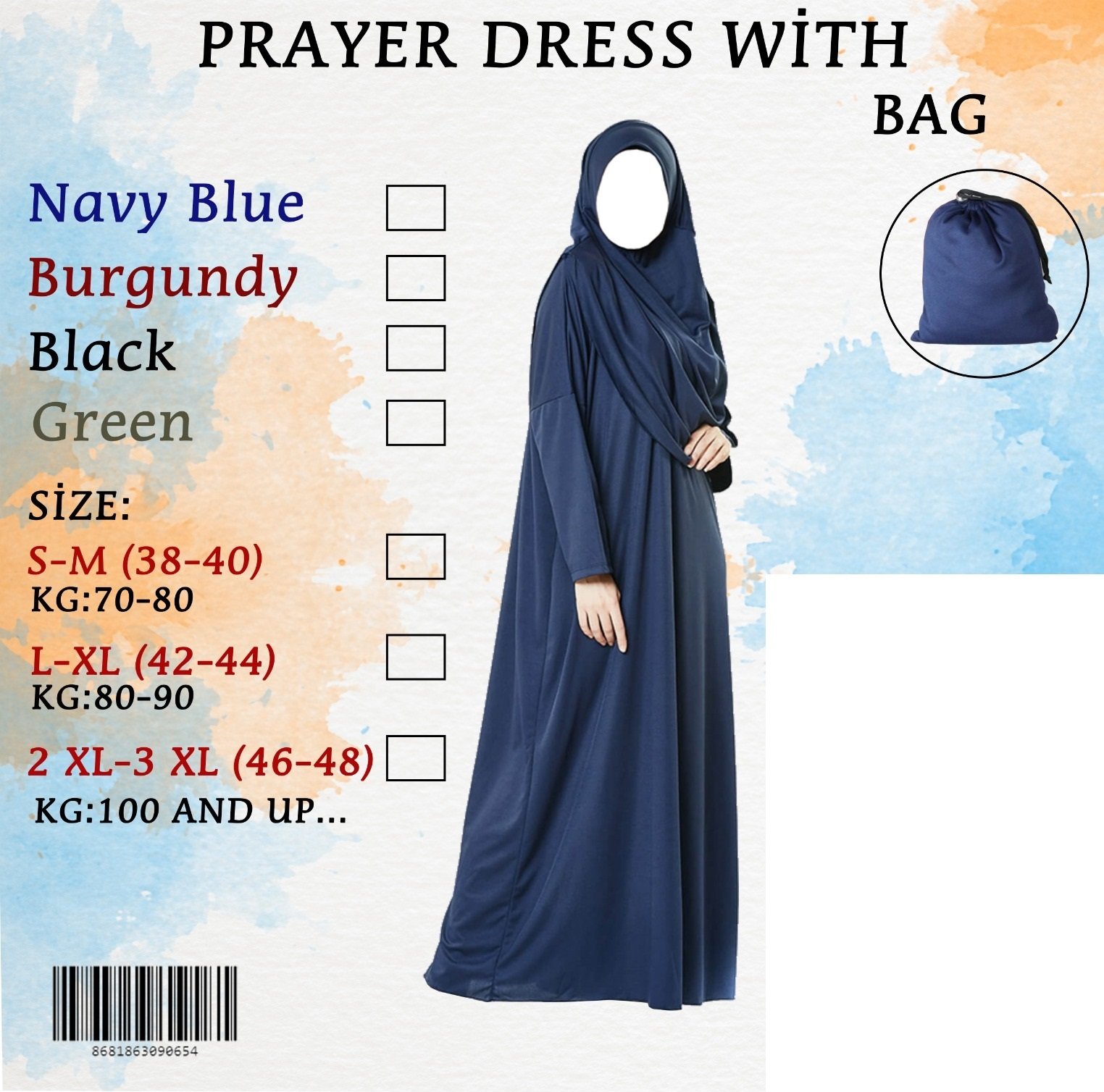 wp-image-5095912400.jpg Plain full Lady Abaya prayer cloth Jilbab with scarf & sleeve made in turkey - Image 1