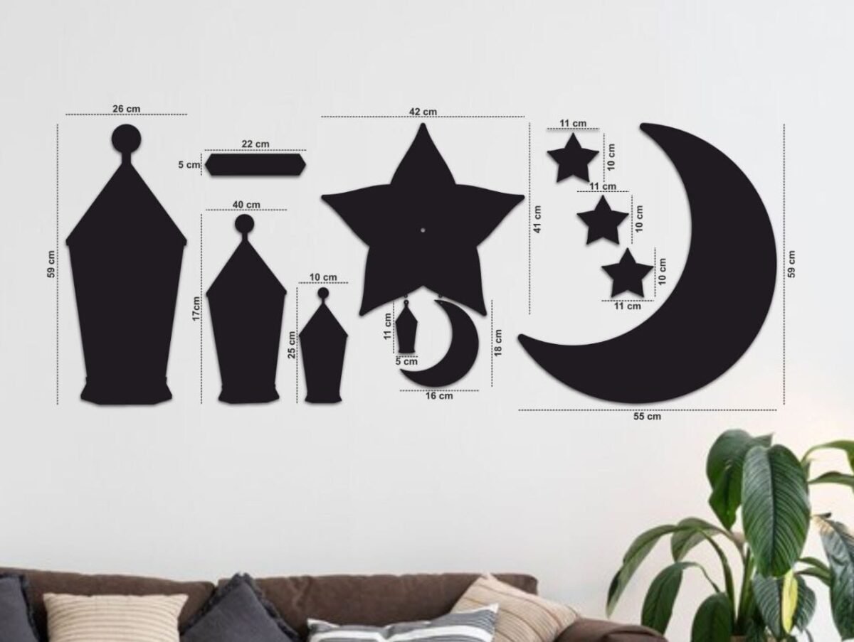 Set of 11 pieces, 2 Crescents, 4 Lanterns, 4 Stars, Wall Clock Wooden Wall Ramadan / Eid Decorations, Islamic Celebration - Image 2