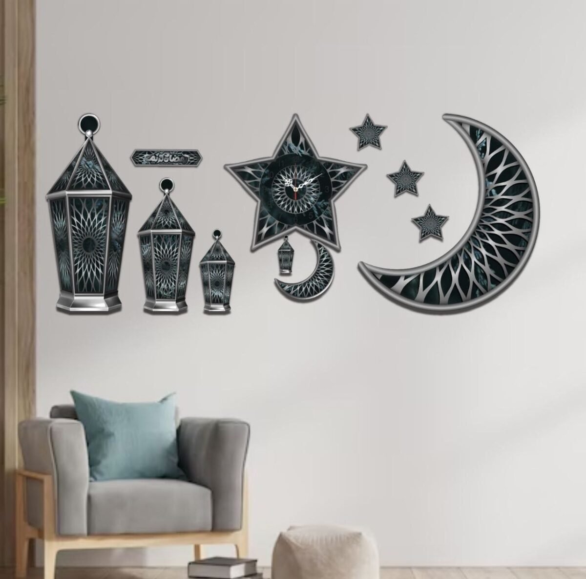 Set of 11 pieces, 2 Crescents, 4 Lanterns, 4 Stars, Wall Clock Wooden Wall Ramadan / Eid Decorations, Islamic Celebration - Image 3