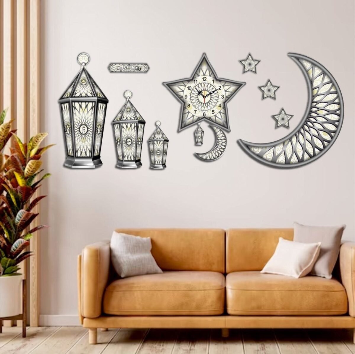 Set of 11 pieces, 2 Crescents, 4 Lanterns, 4 Stars, Wall Clock Wooden Wall Ramadan / Eid Decorations, Islamic Celebration - Image 4
