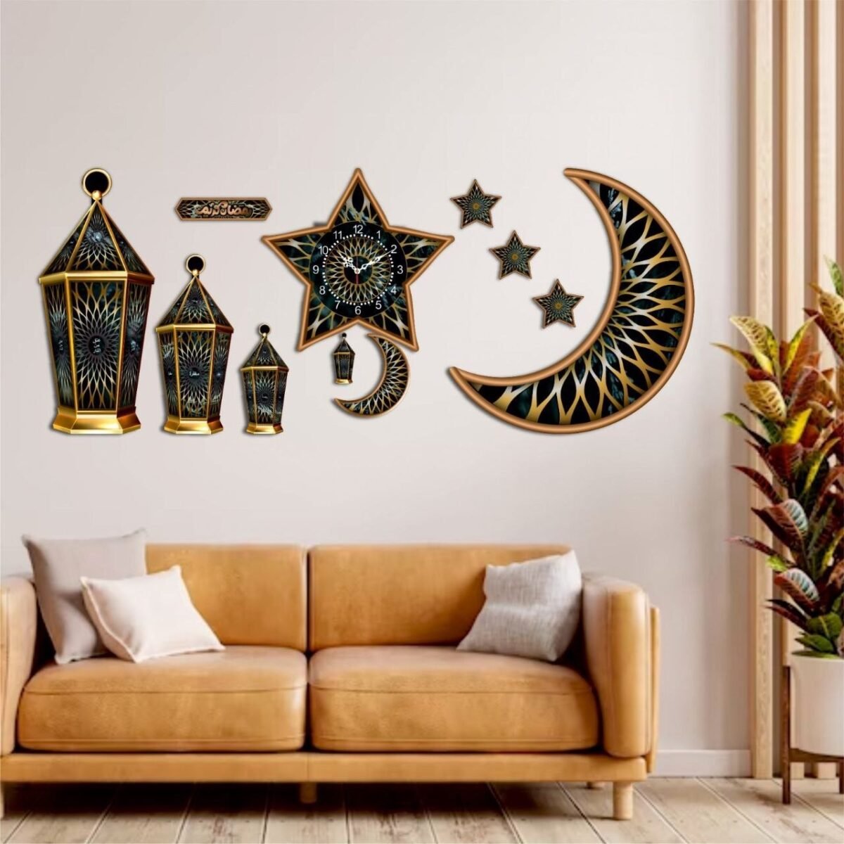 Set of 11 pieces, 2 Crescents, 4 Lanterns, 4 Stars, Wall Clock Wooden Wall Ramadan / Eid Decorations, Islamic Celebration - Image 6