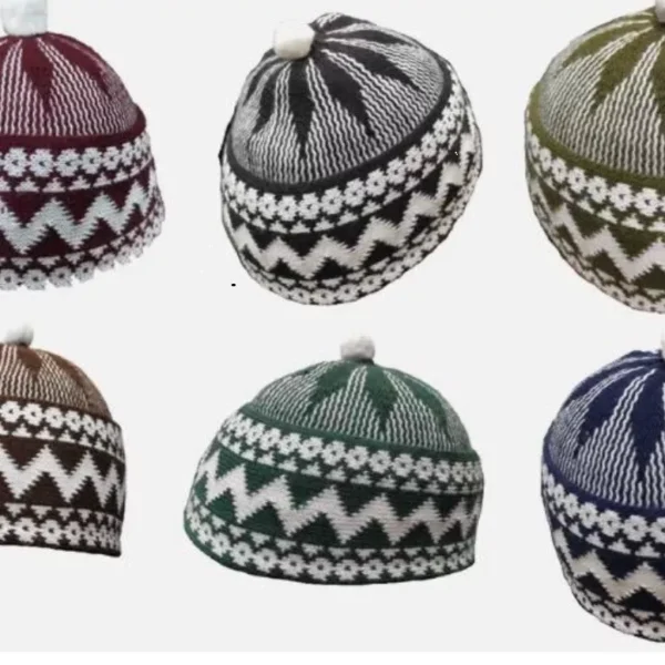 Zigzag Haji Wool Men Cap Islamic Prayer Hat Topi Kufi with White Ball