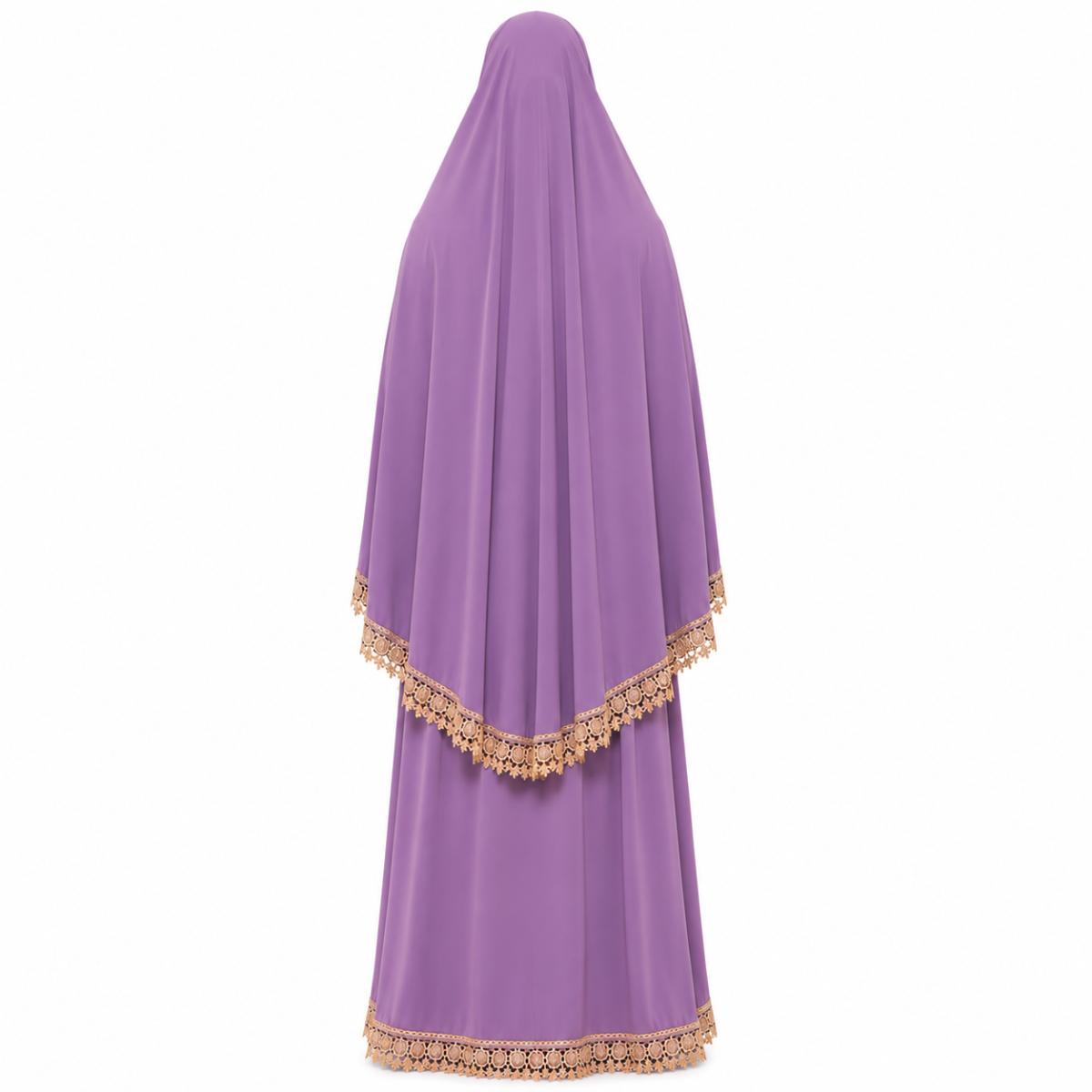 Close up of lace sleeve detail on women’s prayer outfit